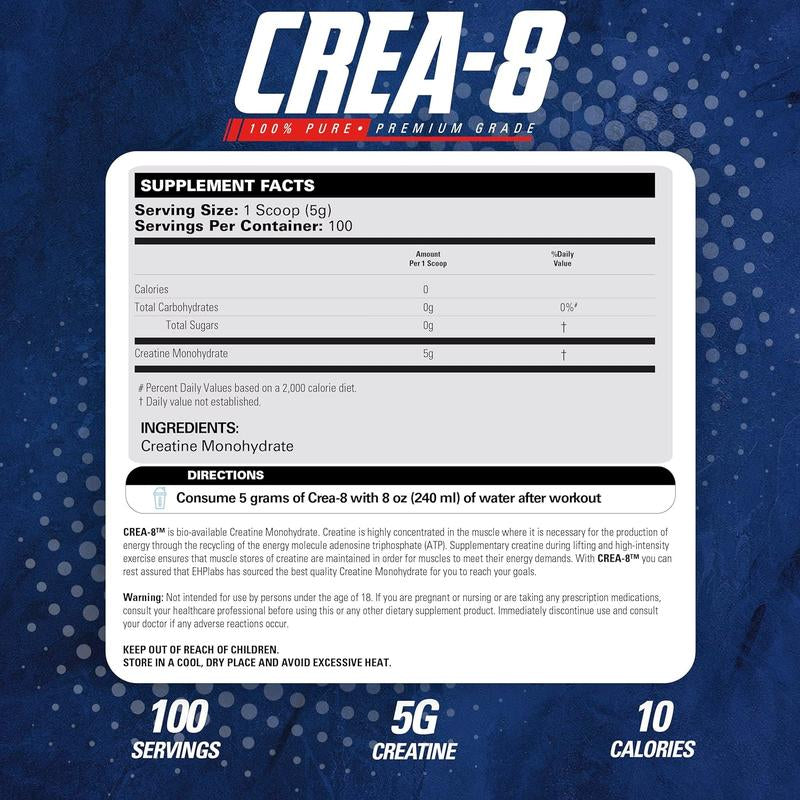 Ehplabs CREA-8 Micronized Creatine Monohydrate Powder - Unflavored Dietary Supplement for Maximum Muscle Growth, Strength, Energy, and Endurance - 100 Servings (500g)