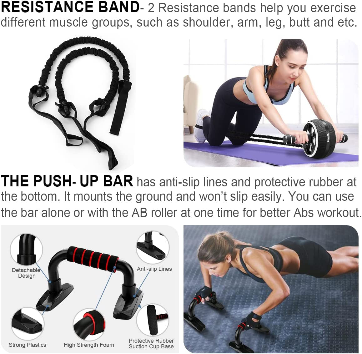 Ab Roller Wheel Kit - 10-in-1 Core Strength and Abdominal Exercise Equipment with Resistance Bands, Knee Mat, Jump Rope, and Push-Up Bar for Home Gym Use for Men and Women