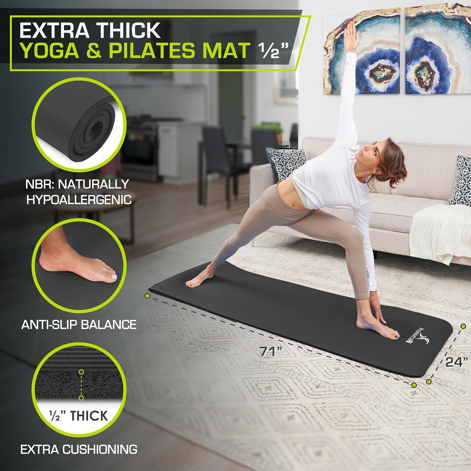 Extra Thick Yoga and Pilates Mat ½” (13Mm), 71-Inch Long High Density Exercise Mat with Comfort Foam and Carrying Strap