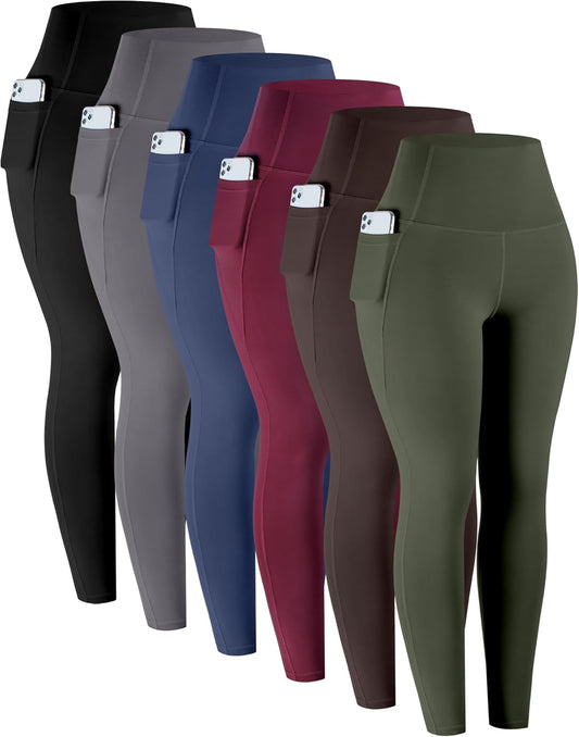 High-Waisted Women's Tummy Control Leggings with Pockets - Set of 6 Soft Yoga Pants