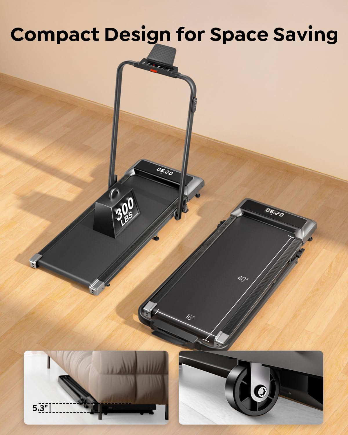 2-in-1 Foldable Walking Pad Treadmill with Incline for Home and Office Use, Portable Under Desk Treadmill with App Connectivity, Remote Control, and LED Display, Supports Up to 300 lbs