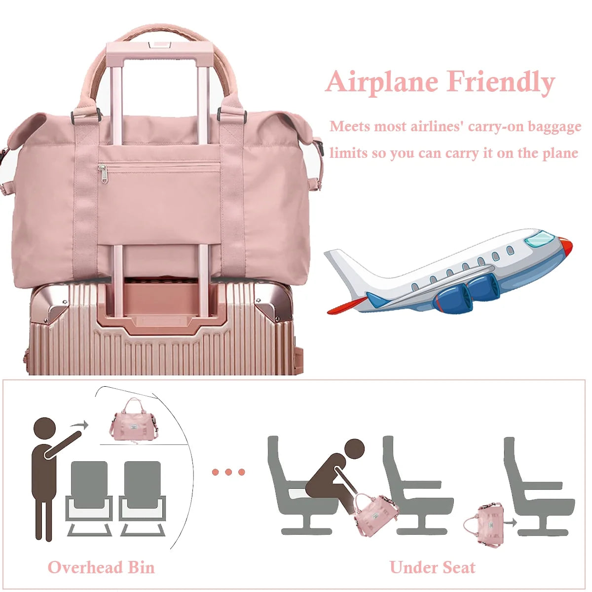 37L Waterproof Duffle Bag for Women, Tear-Resistant Gym Travel Bag W/Adjustable Shoulder Strap & Trolley Sleeve, Airline Approved Carry-On Weekender Bag with Wet/Dry Pocket, Pink