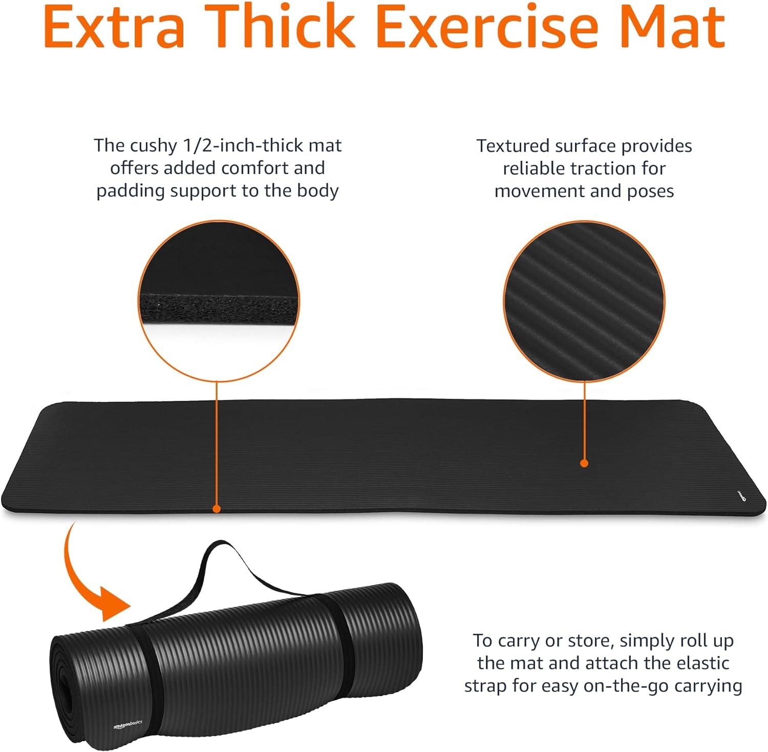1/2 Inch Extra Thick Exercise Yoga Mat with Carrying Strap, Cushioned Support, for Fitness and Gym Workouts