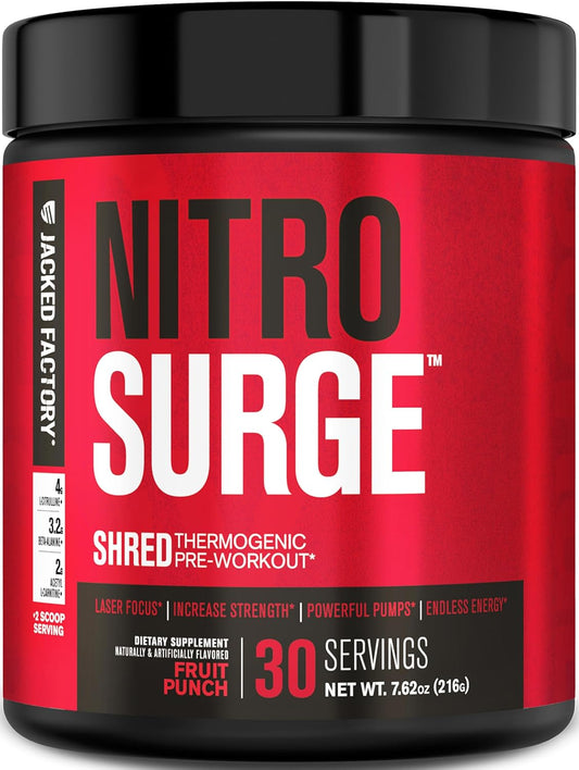 NITROSURGE Shred Pre-Workout - Unleash Energy, Strength & Focus with Intense Pumps - 30 Servings of Delicious Fruit Punch!