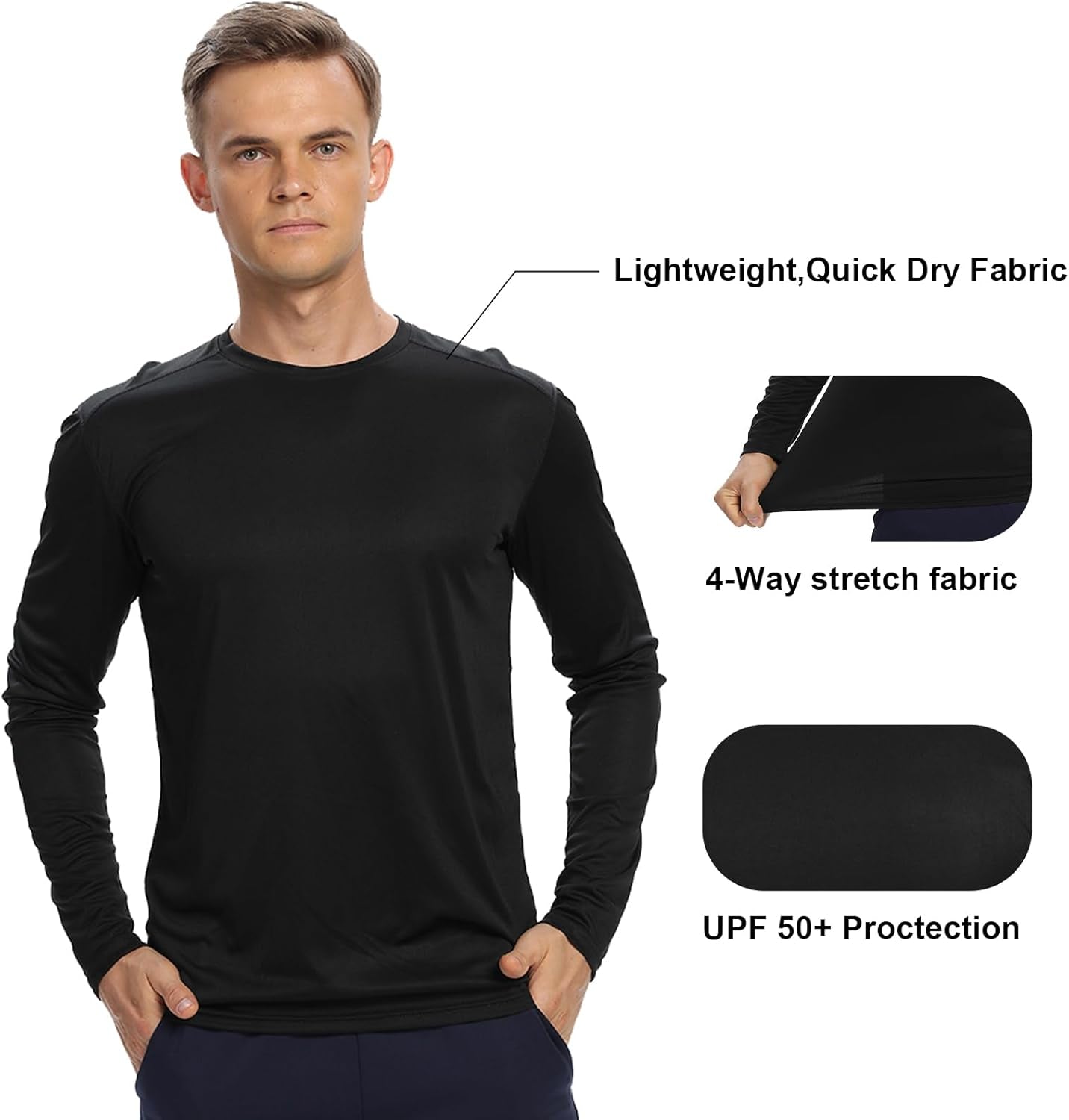 Men's Long Sleeve Running T-Shirts - 1/3/6 Pack, UPF 50+ Sun Protection, Quick-Dry Lightweight Workout Gear