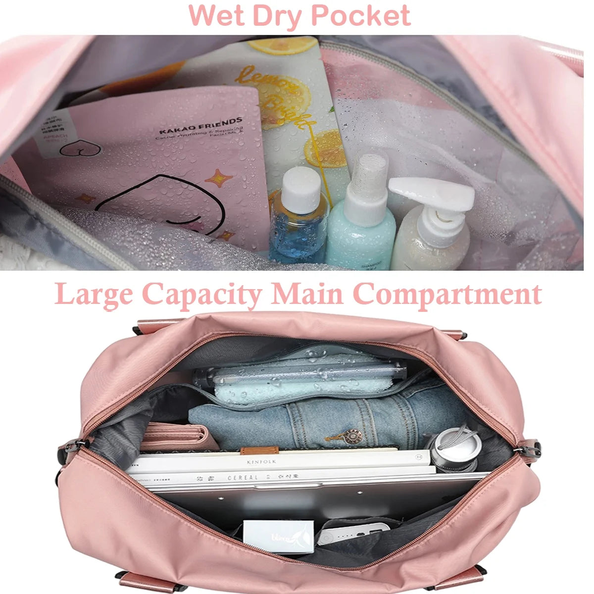 37L Waterproof Duffle Bag for Women, Tear-Resistant Gym Travel Bag W/Adjustable Shoulder Strap & Trolley Sleeve, Airline Approved Carry-On Weekender Bag with Wet/Dry Pocket, Pink