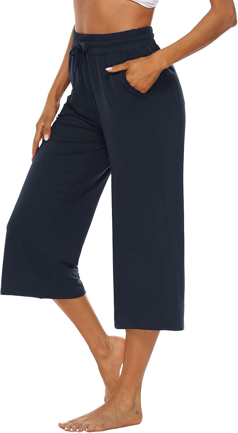 Capris for Women Casual Summer Loose Comfy Drawstring Wide Leg Capri Pants with Pockets