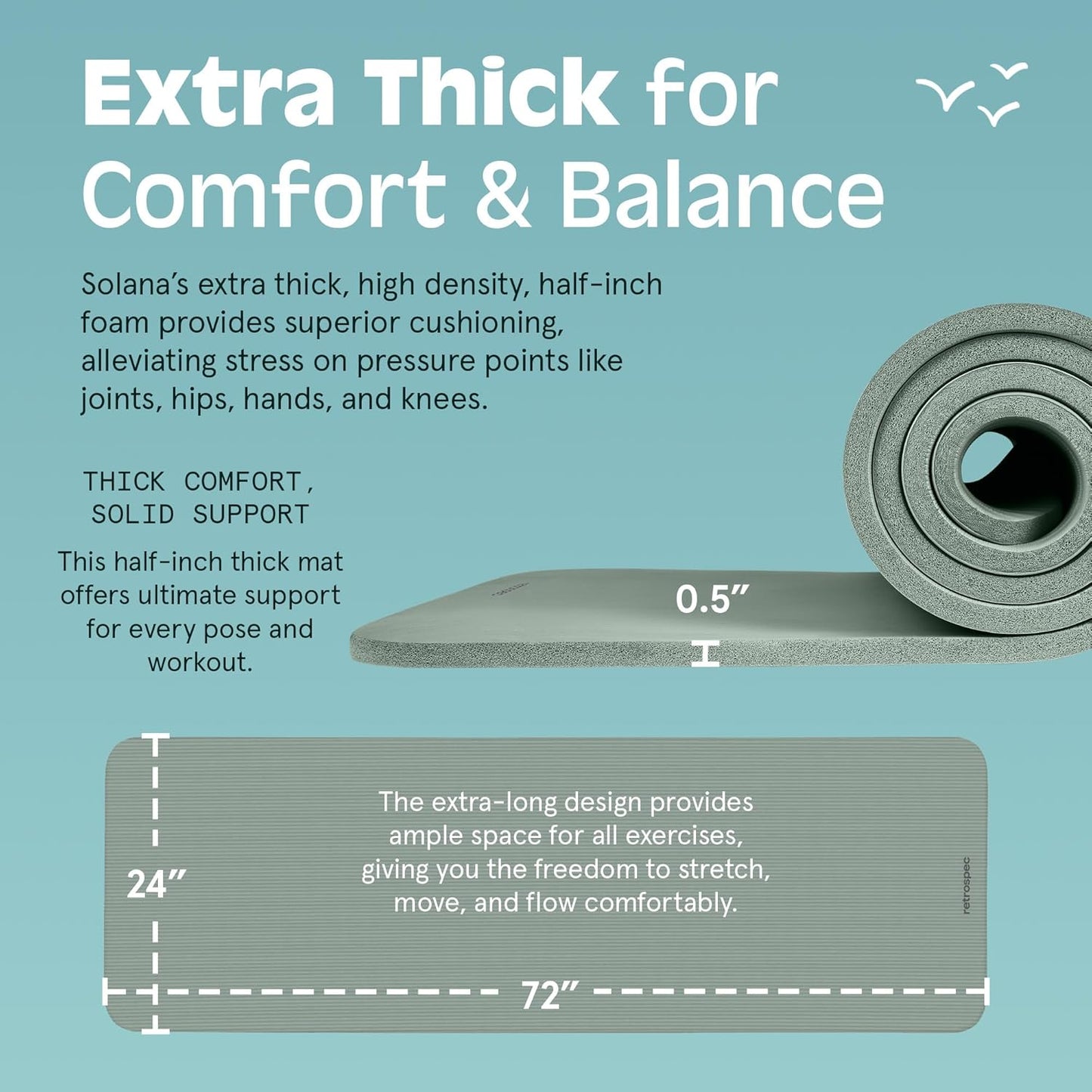 Solana Yoga Mat 1/2" Thick W/Nylon Strap for Men & Women - Non Slip Exercise Mat for Yoga, Pilates, Stretching, Floor & Fitness Workouts