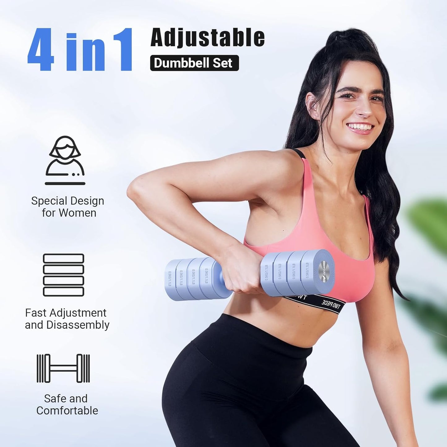 Adjustable Dumbbell Set of 2 with Anti-Slip Handles in Macaron Colors, Weights of 2.2/4.4/6.6/8.8 lbs, Versatile 4-in-1 Hand Weights for Home Fitness for Women