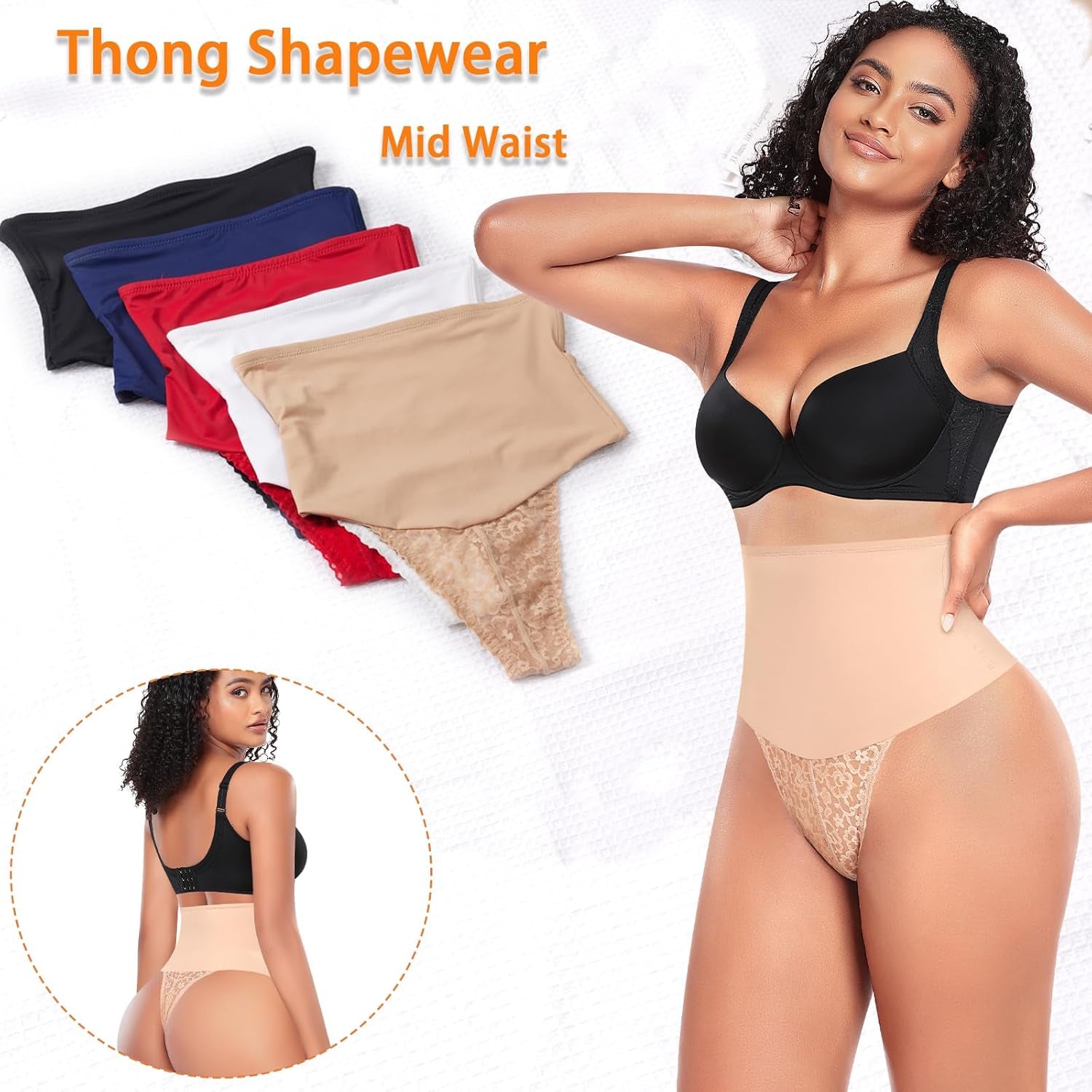 Sculpting Lace Tummy Control Thong Shapewear - Mid High Waisted Body Shaper for Women