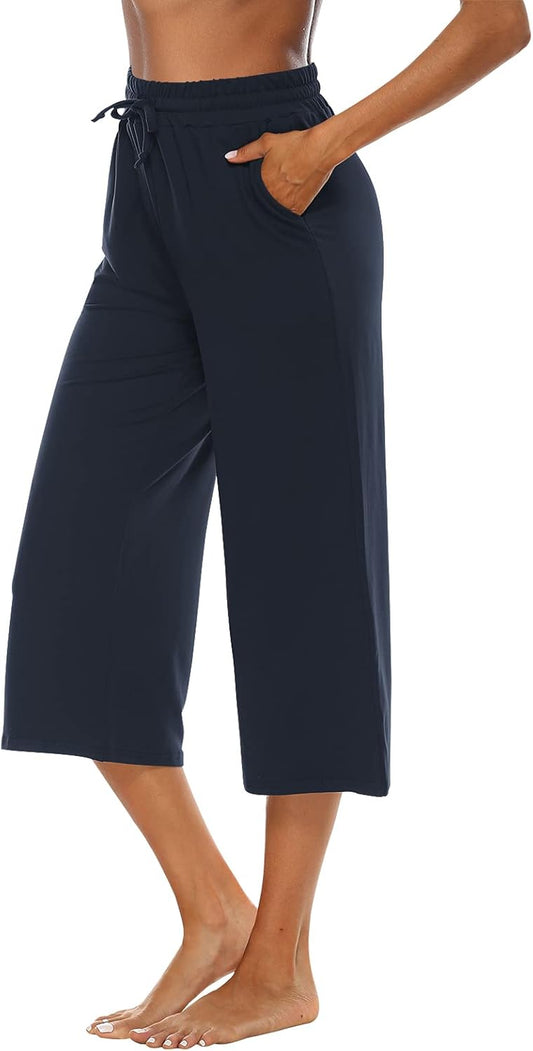 Capris for Women Casual Summer Loose Comfy Drawstring Wide Leg Capri Pants with Pockets