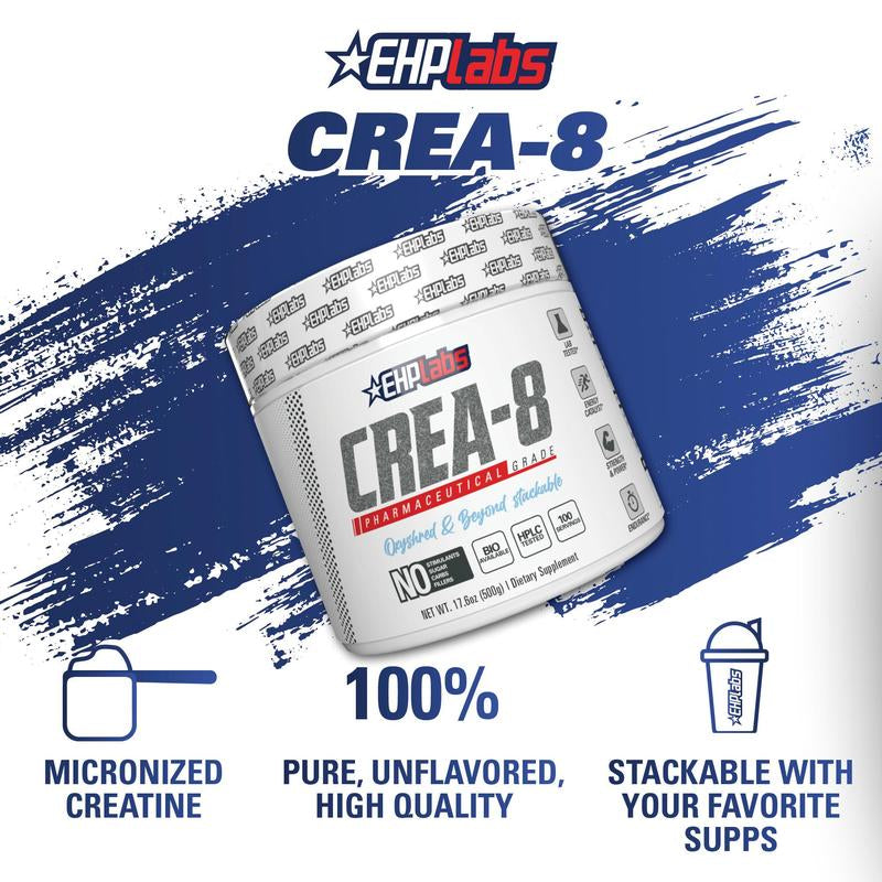 Ehplabs CREA-8 Micronized Creatine Monohydrate Powder - Unflavored Dietary Supplement for Maximum Muscle Growth, Strength, Energy, and Endurance - 100 Servings (500g)