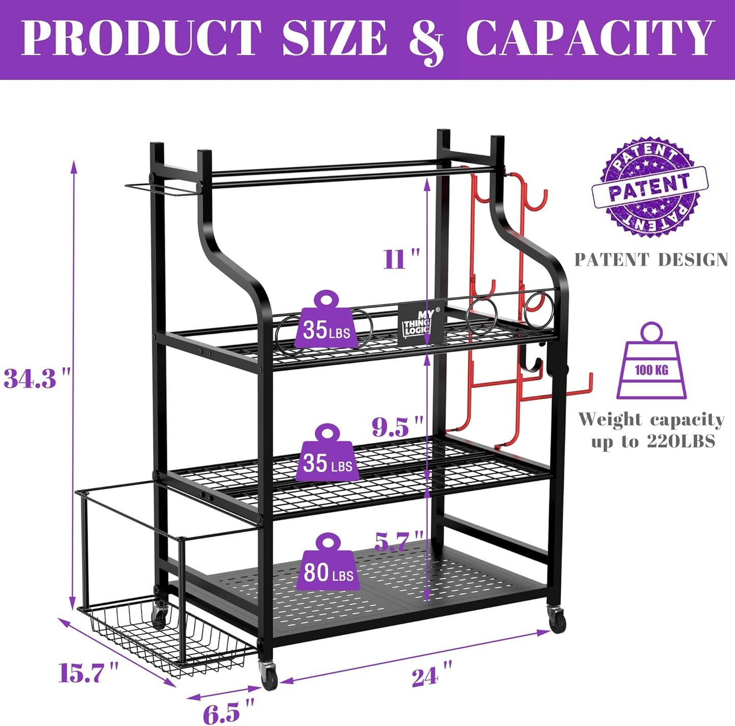 Yoga Mat and Workout Equipment Storage Rack with Hooks and Casters for Home Gym Organization