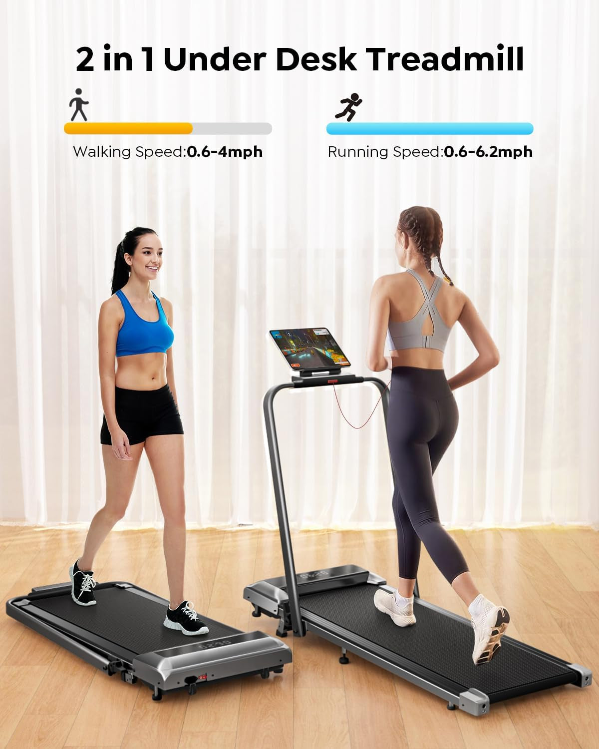 2-in-1 Foldable Walking Pad Treadmill with Incline for Home and Office Use, Portable Under Desk Treadmill with App Connectivity, Remote Control, and LED Display, Supports Up to 300 lbs