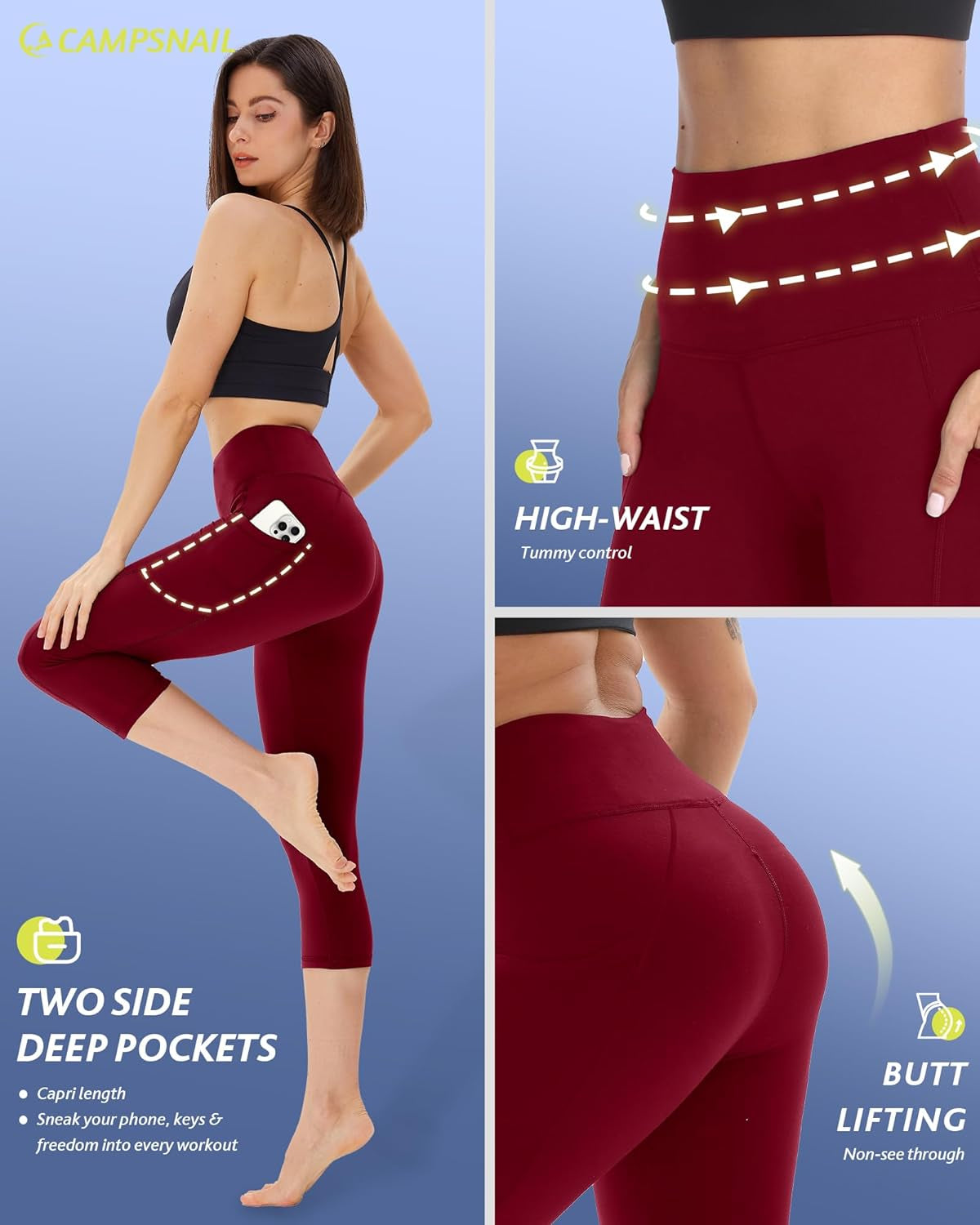Women's 4-Pack High-Waisted Capri Leggings with Tummy Control and Pockets for Yoga and Cycling