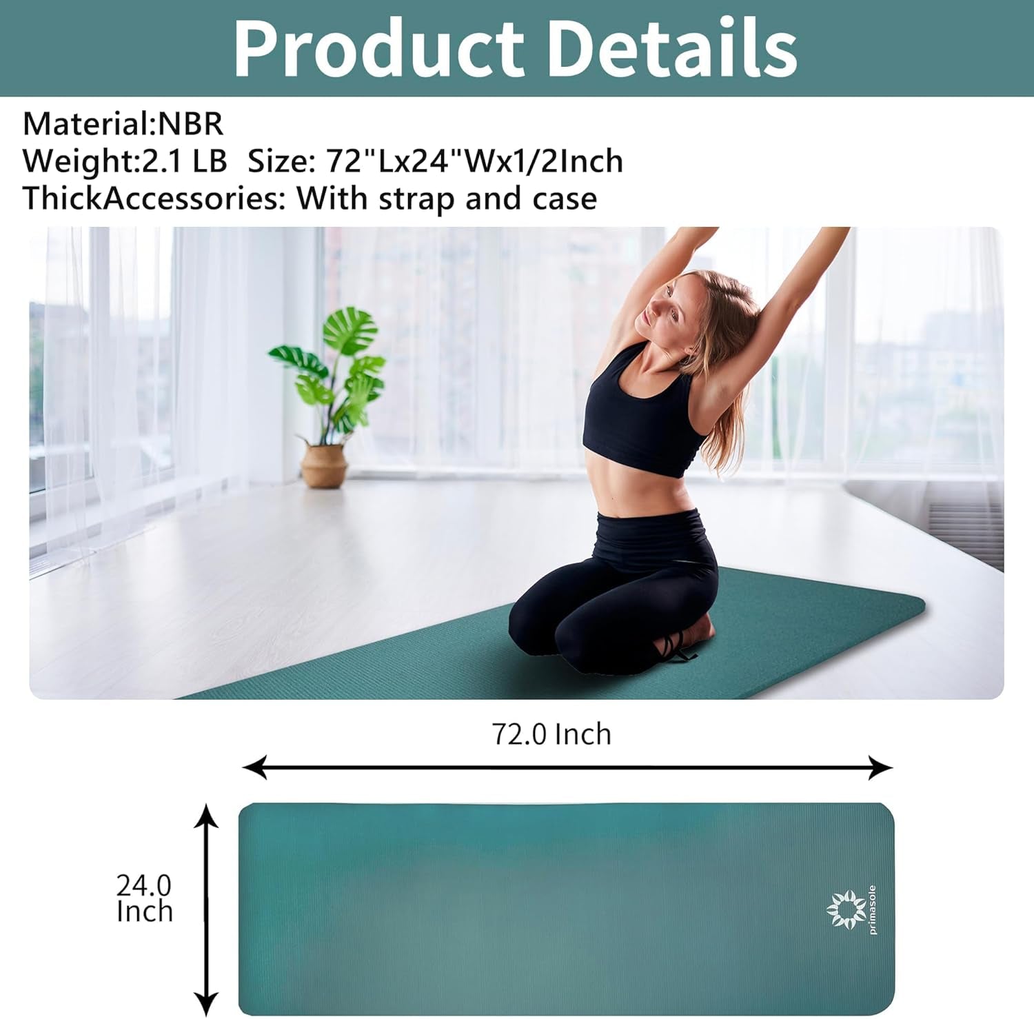 1/2 Thick Exercise Mat with Carry Strap & Case Mat for Yoga Pilates Fitness at Home and Gym 72" L X 24" W