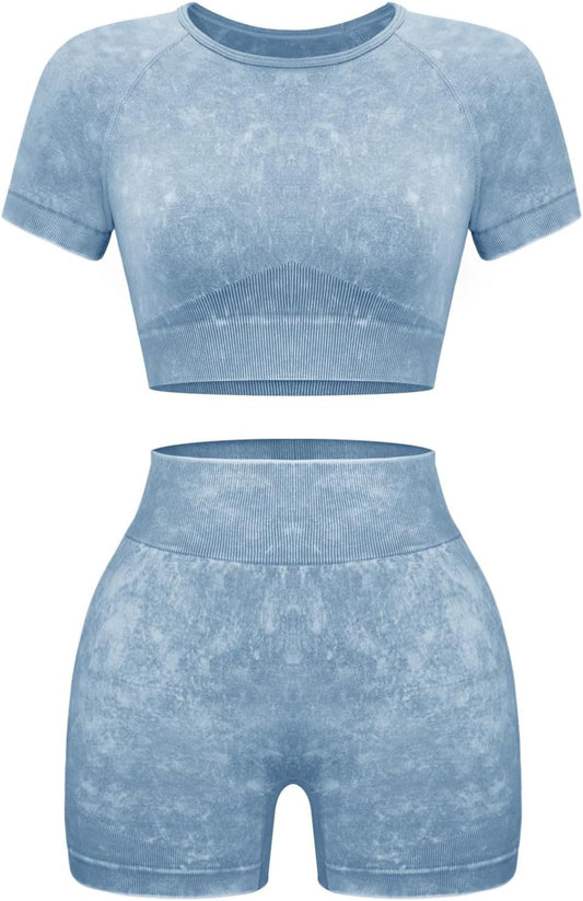 Elevate Your Workout: Women's Seamless Acid Wash 2-Piece Yoga Set with Shorts and Crop Top