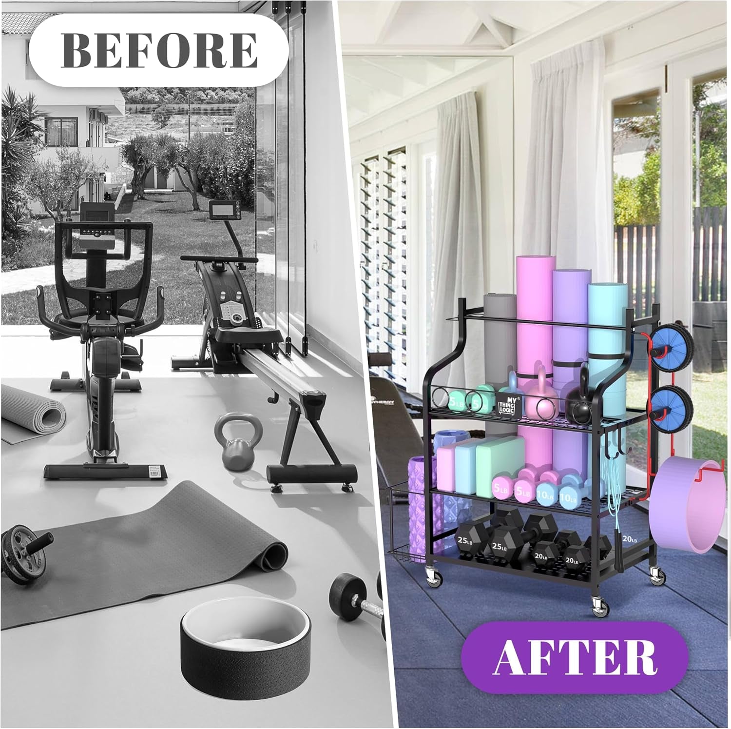 Yoga Mat and Workout Equipment Storage Rack with Hooks and Casters for Home Gym Organization