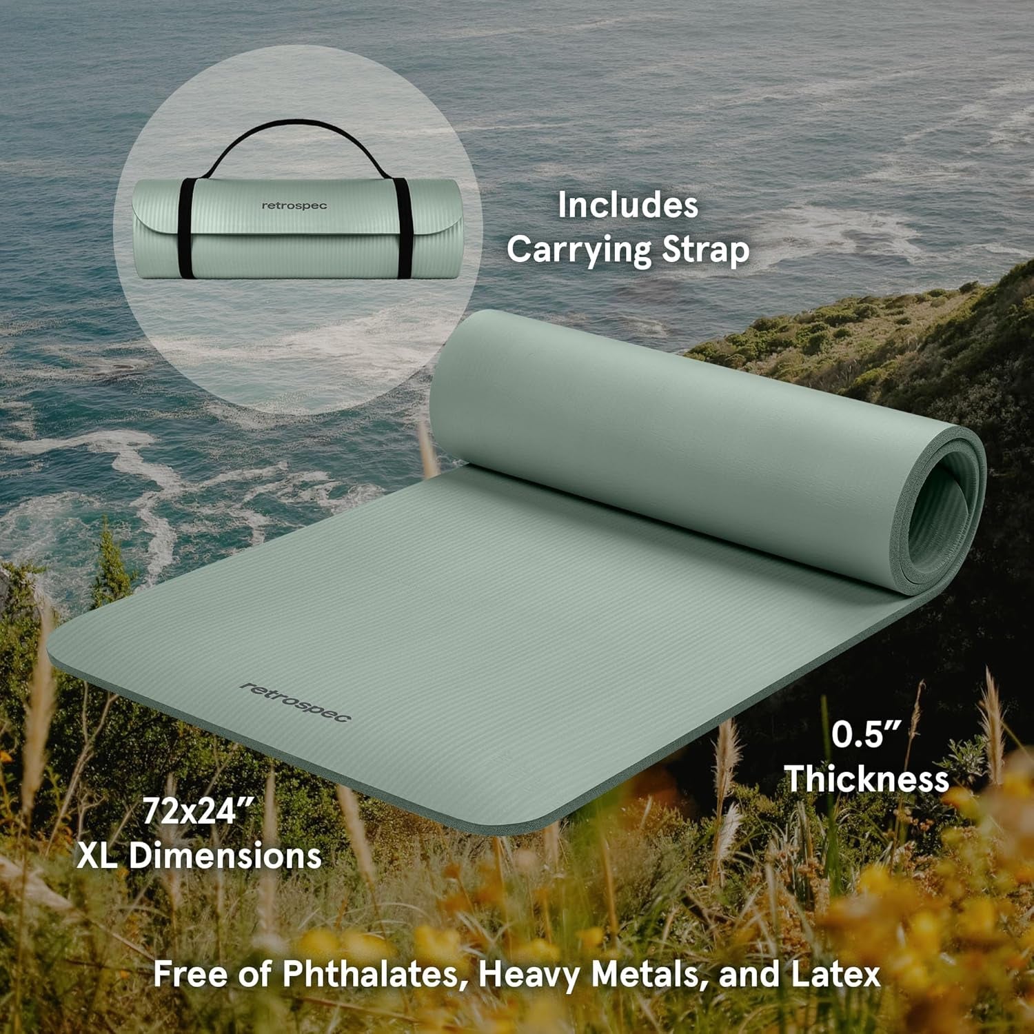 Solana Yoga Mat 1/2" Thick W/Nylon Strap for Men & Women - Non Slip Exercise Mat for Yoga, Pilates, Stretching, Floor & Fitness Workouts