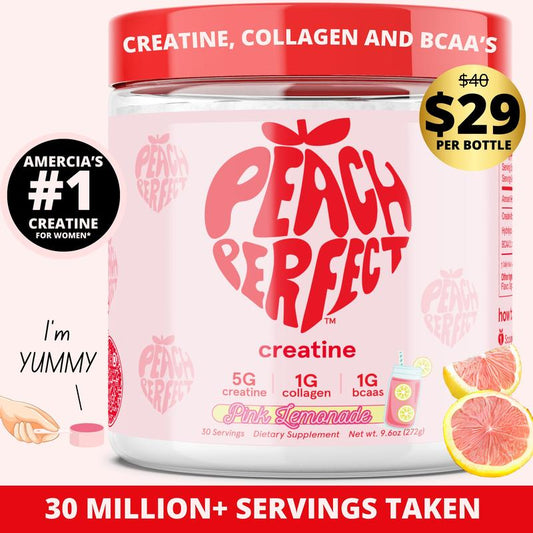 Peach Perfect Creatine Monohydrate Powder with Collagen & BCAAs - 5G Vegan Energy Boost for Women, 30 Servings for Enhanced Performance & Muscle Support
