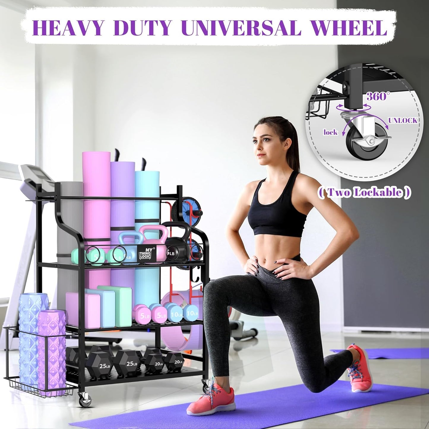 Yoga Mat and Workout Equipment Storage Rack with Hooks and Casters for Home Gym Organization