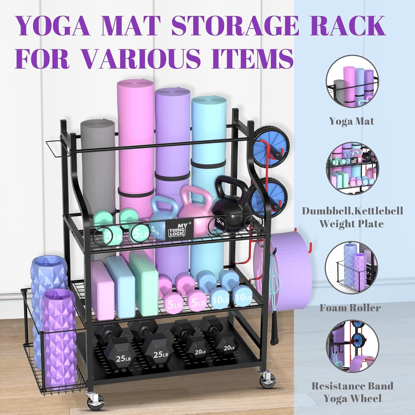 Yoga Mat and Workout Equipment Storage Rack with Hooks and Casters for Home Gym Organization