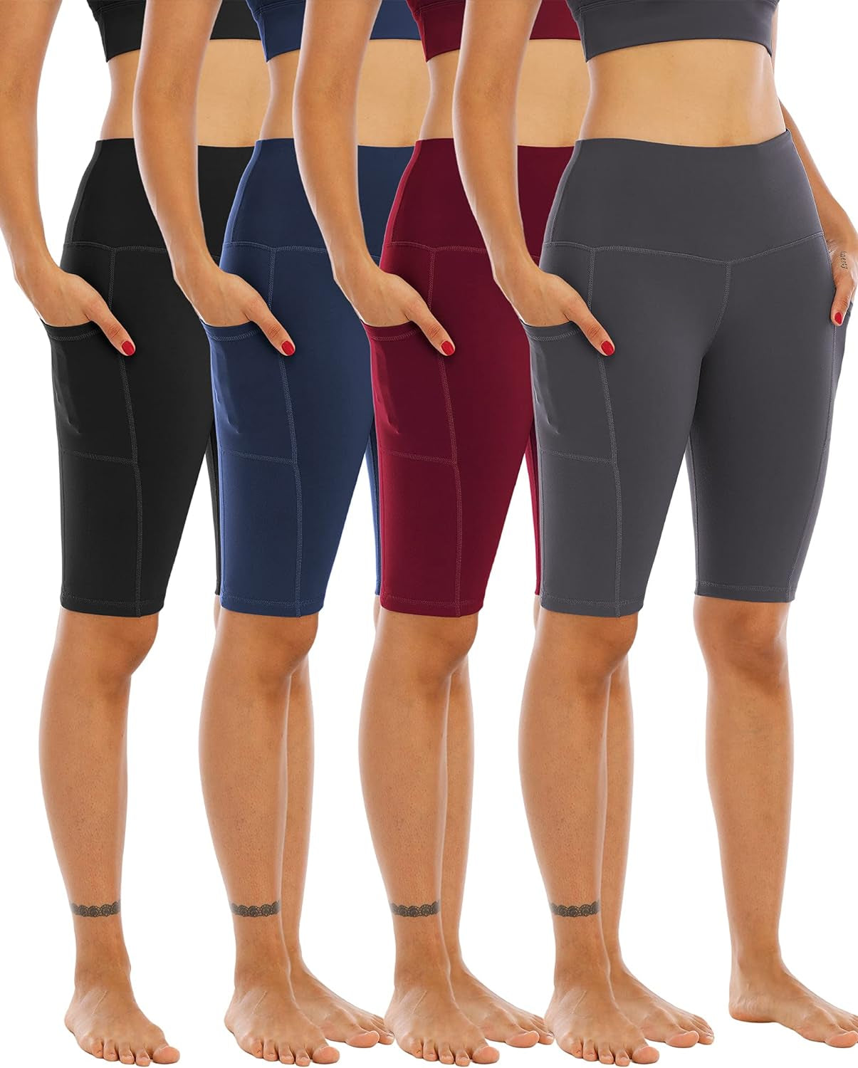Women's High-Waisted Biker Yoga Shorts with Pockets - Set of 4 Athletic Running and Workout Gym Shorts with Tummy Control
