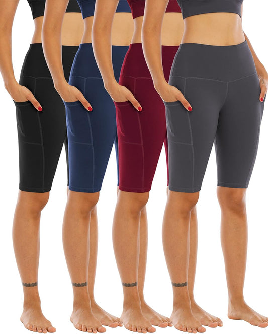 Women's High-Waisted Biker Yoga Shorts with Pockets - Set of 4 Athletic Running and Workout Gym Shorts with Tummy Control