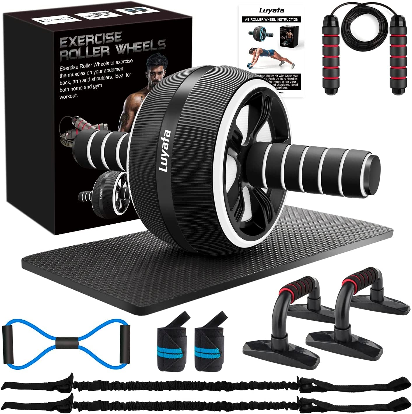 Ab Roller Wheel Kit - 10-in-1 Core Strength and Abdominal Exercise Equipment with Resistance Bands, Knee Mat, Jump Rope, and Push-Up Bar for Home Gym Use for Men and Women