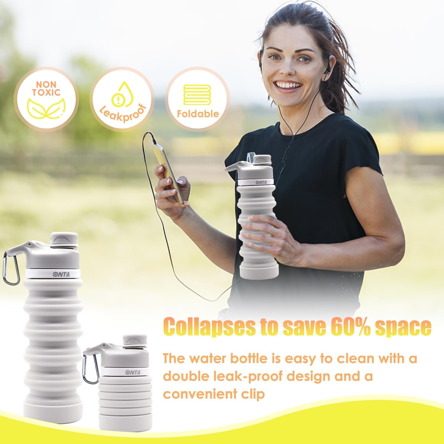 20oz BPA-Free Silicone Collapsible Water Bottle - Portable, Leakproof, Easy to Clean, Shatter-Resistant, Travel-Friendly