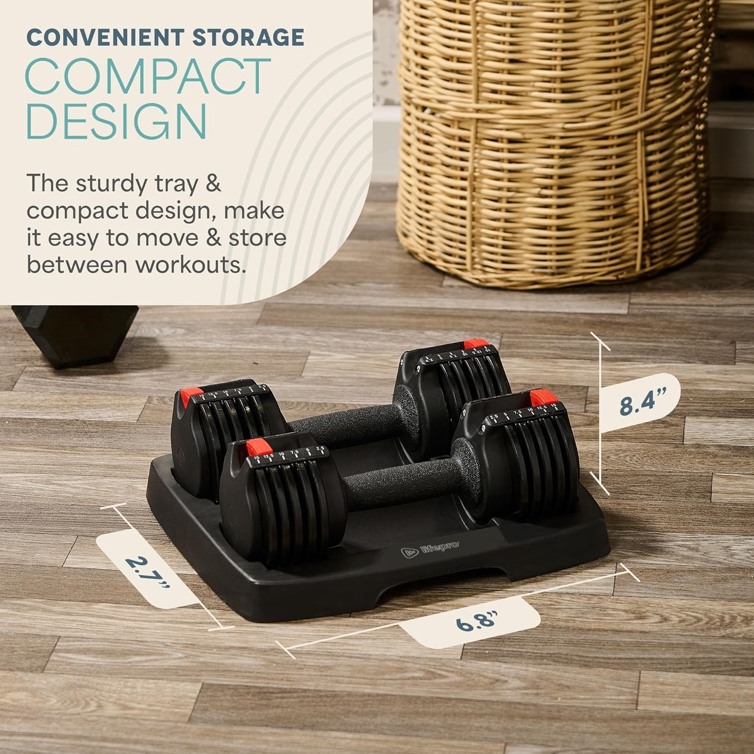 Adjustable 5-in-1 Dumbbell Set with Rack - Weights (15lb, 25lb, 43lb, 55lb) - Quick Adjustment and Secure Grip - Compact Design for Home Gym Use for Men and Women