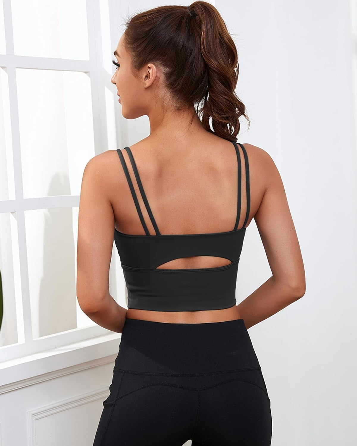 High Support Longline Sports Bra for Women - Padded Strappy Yoga Crop Top Tank