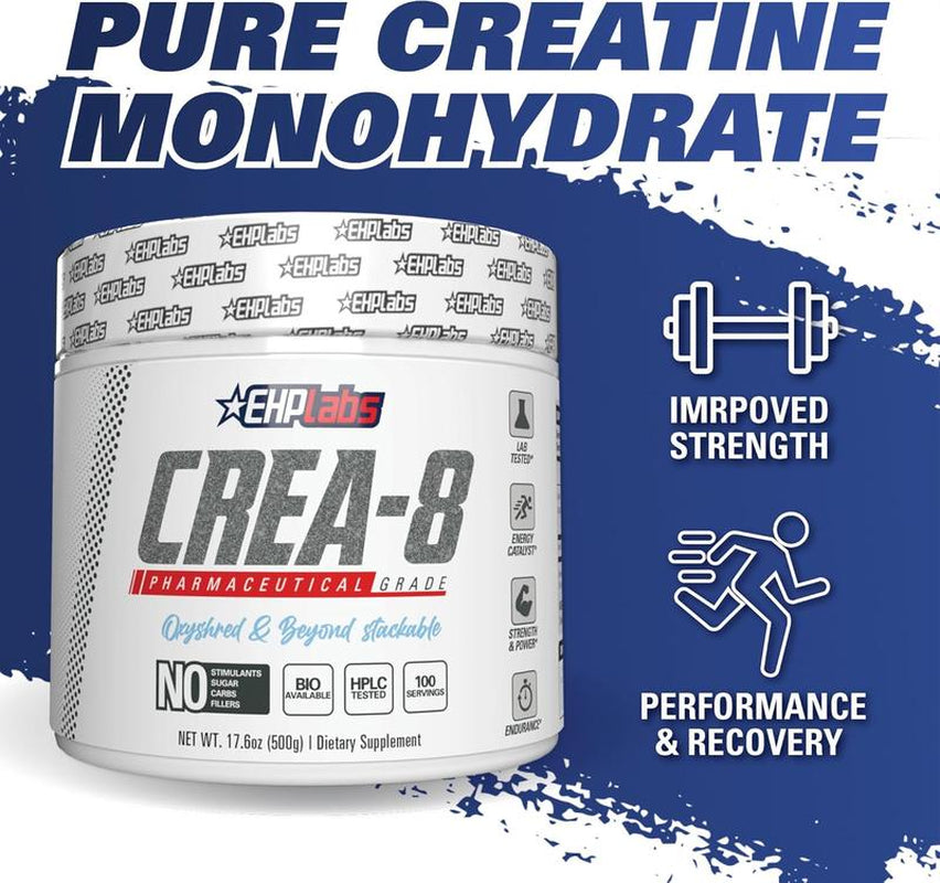 Ehplabs CREA-8 Micronized Creatine Monohydrate Powder - Unflavored Dietary Supplement for Maximum Muscle Growth, Strength, Energy, and Endurance - 100 Servings (500g)