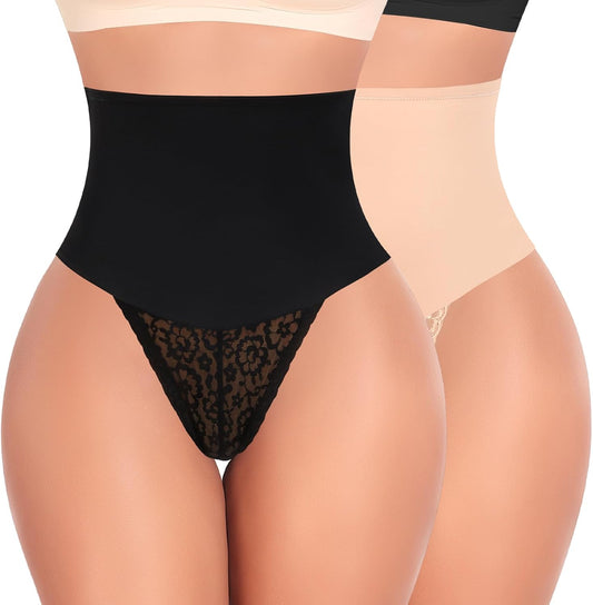 Sculpting Lace Tummy Control Thong Shapewear - Mid High Waisted Body Shaper for Women