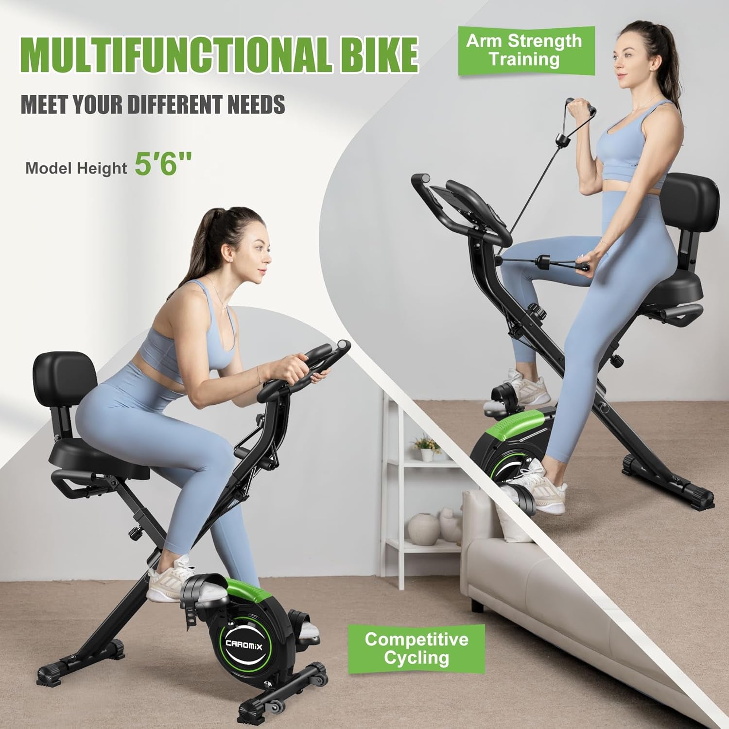 Caromix 4-in-1 Folding Magnetic Exercise Bike - Stationary Upright Indoor Cycling Bicycle for Home Use, 330LB Weight Capacity