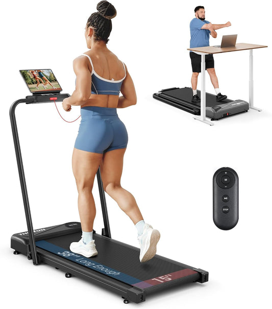 2.5 HP Under Desk Walking Pad Treadmill - 2-in-1 Foldable Design with Handlebar, 16" Widened Running Belt, Remote Control, and LED Touch Screen for Home Use