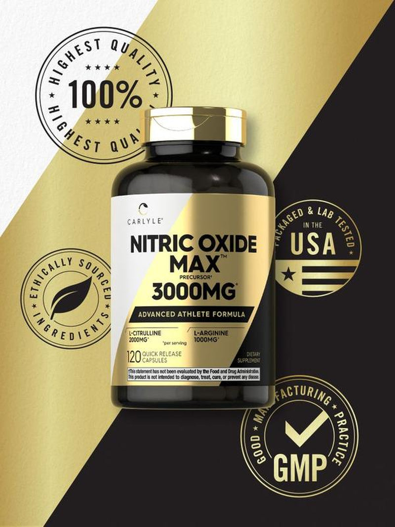 Carlyle Nitric Oxide Booster 3000mg - Pre Workout Formula with L-Arginine & L-Citrulline | 120 Non-GMO, Gluten-Free Capsules for Men & Women