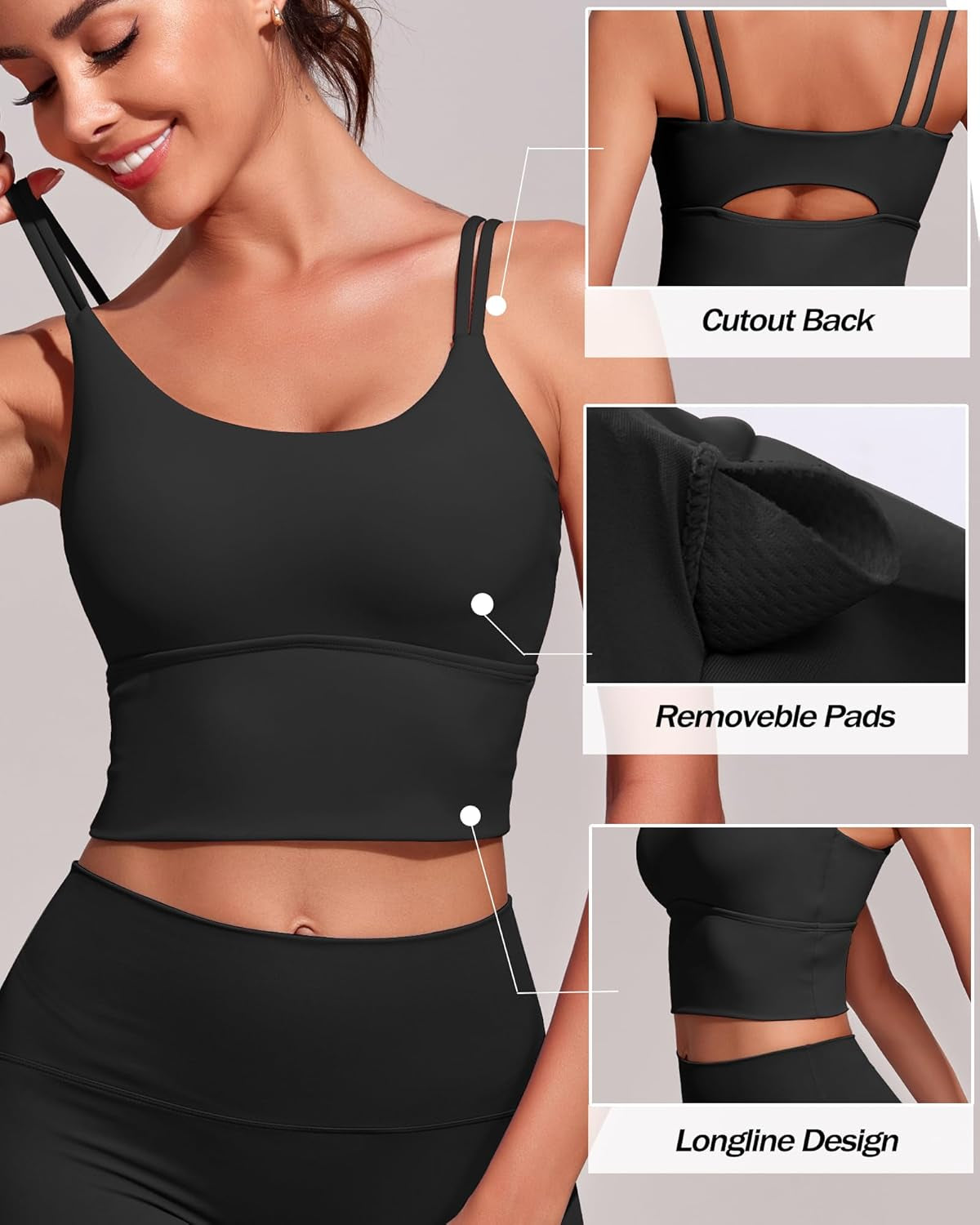 High Support Longline Sports Bra for Women - Padded Strappy Yoga Crop Top Tank