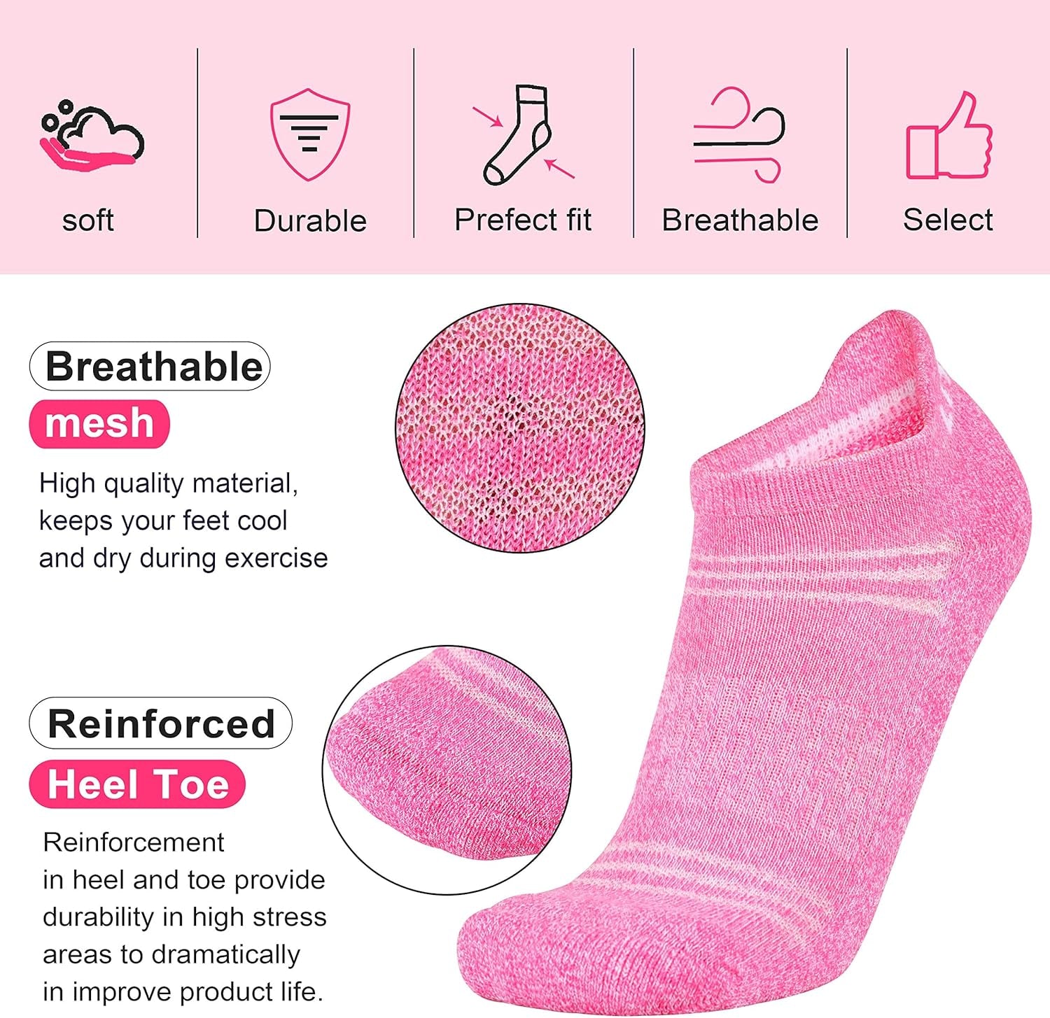 6-Pair Women's Athletic Ankle Socks with Cushioned Sole for Running and Sports