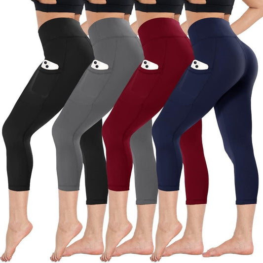Women's 4-Pack High-Waisted Capri Leggings with Tummy Control and Pockets for Yoga and Cycling